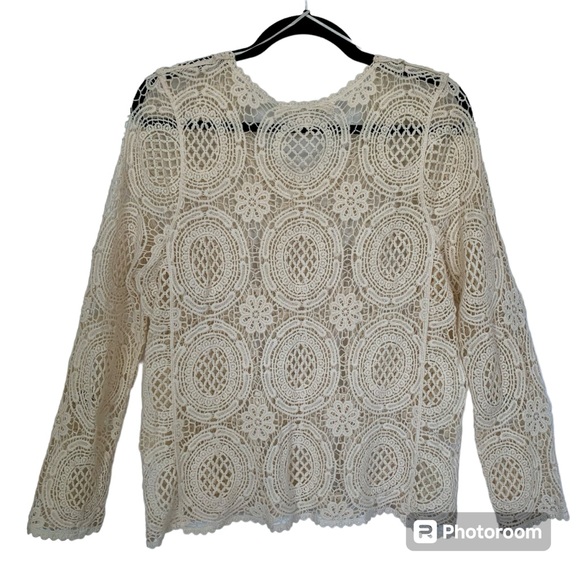 SOLITAIRE Ladies Crochet Lace Top Long Sleeve Ivory Delicate Scoop Neck SIZE L - Picture 2 of 9